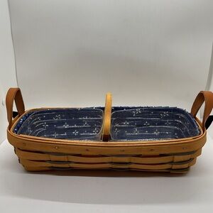 Longaberger Woven Divided BreadBasket with Navy Fabric Liner and Leather Handles